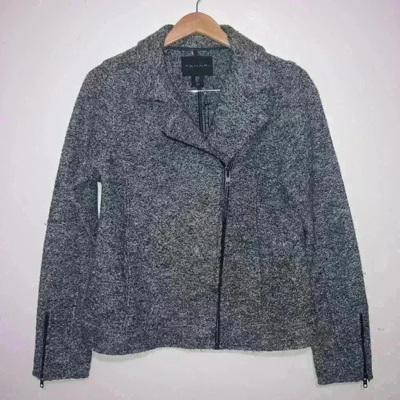 Tahari Wool Blend Jacket Asymmetrical Zip Moto Grey Jacket - Picture 2 of 12